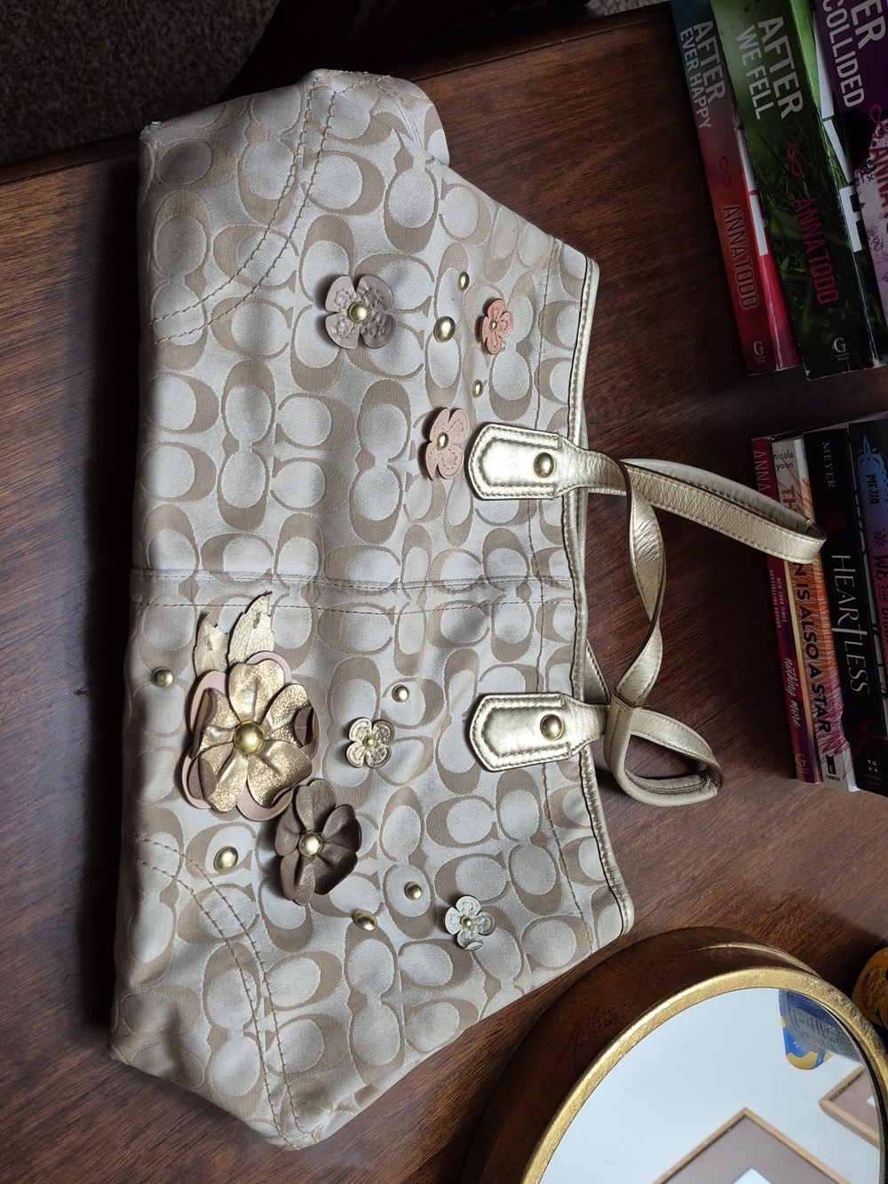 Coach Cream Signature Floral Appliqué Tote with Metallic Trim